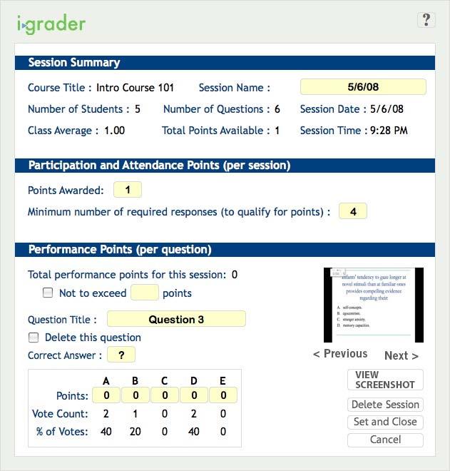 With i>grader, you can adjust points given for individual questions or individual polling sessions. You can view screenshots associated with each question and designate correct answers.