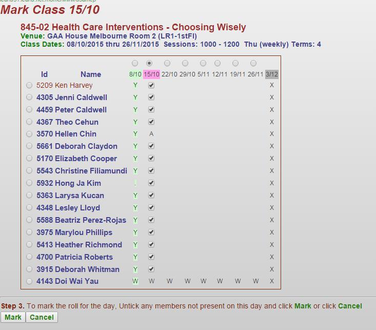b. Select the relevant class date at the top of the screen and click on which is also at the top of the