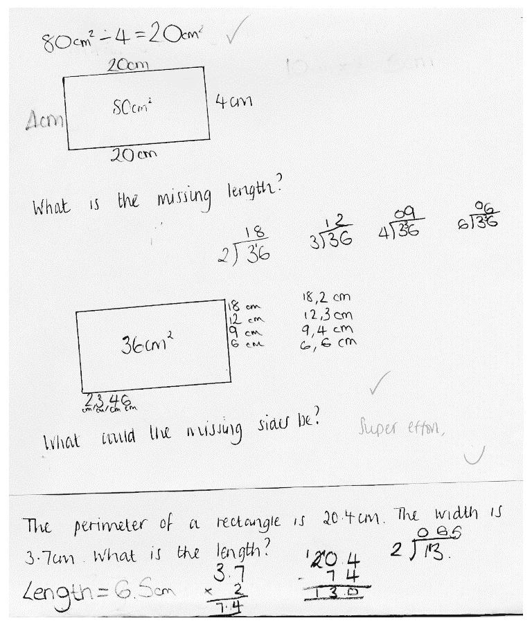 Areas and perimeters Teacher s notes understands and uses the formula for the area of a rectangle finds the length of a rectangle given the area and width finds all the whole number possibilities (>1