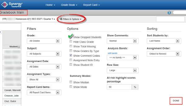 Check the box next to Show Inactive Students if you want to see dropped or withdrawn students in the report card list.