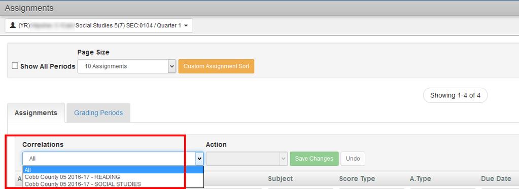 Correlation errors must be corrected in Grade Book main on the actual assignments. From Grade Book > Main: Click on the assignment and select Edit Assignment.