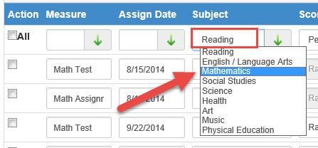 To view subject selections, click inside the field of the header row where the word Reading displays.