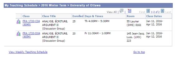 Click My Schedule on the menu bar to return to My Schedule. 6. To view your class schedule a. The list of your classes for the selected term is displayed in the My Teaching Schedule section.