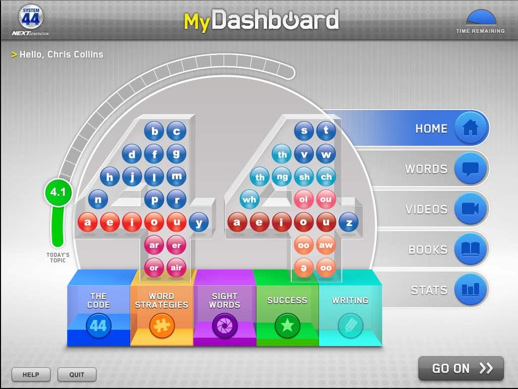 The Student Dashboard After logging in to System 44 Next Generation, students go directly to their Student Dashboard. The Dashboard monitors and displays progress through System 44 Next Generation.