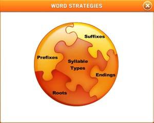 Word Strategies Clicking Word Strategies displays a puzzle with five pieces as the five strategies that System 44 Next Generation teaches to break down