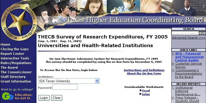 APPENDIX A RESEARCH EXPENDITURES SURVEYS THECB - Survey of Research Expenses, FY 2005 Public Universities and Health-Related Institutions About the On-Line Form The survey should be completed by