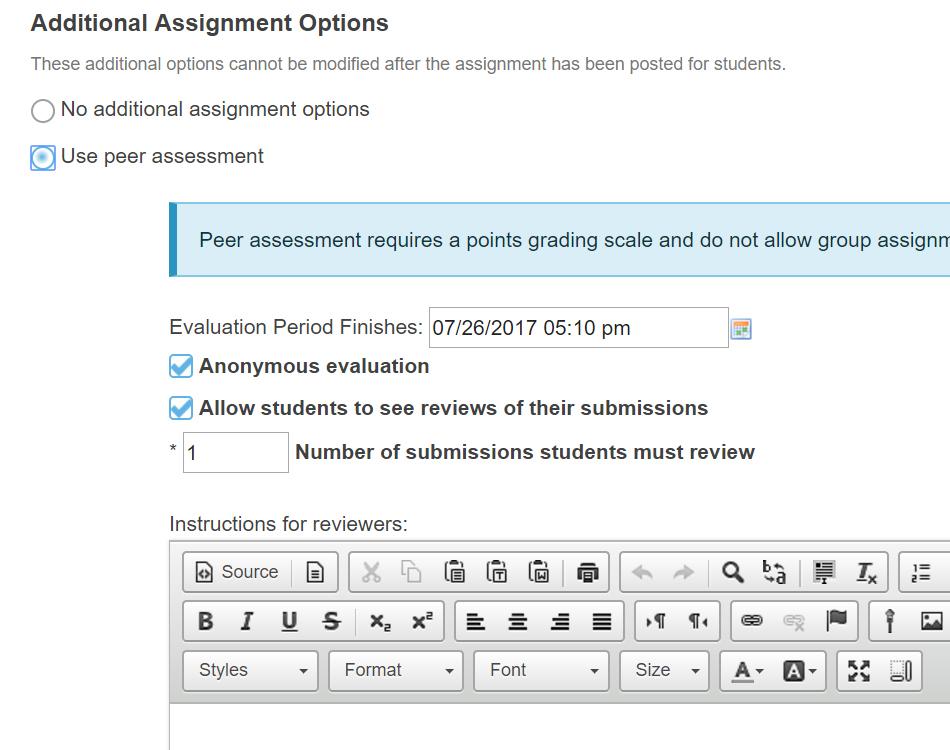 Setting Up Peer Assessment (cont.). Anonymous evaluation is on by default.