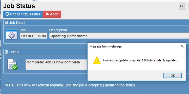 A message will display and alert you that the synchronization is complete. Click OK and close the Job Status window if it does not close automatically.