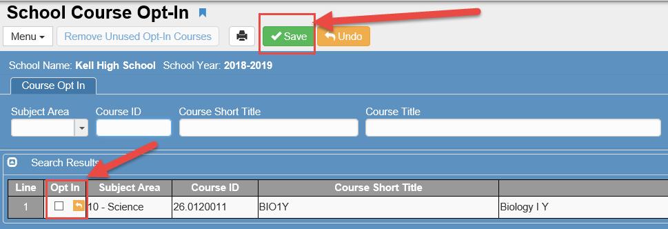 School Course Opt In The School Course Opt In screen adds needed courses to your focus for scheduling sections.