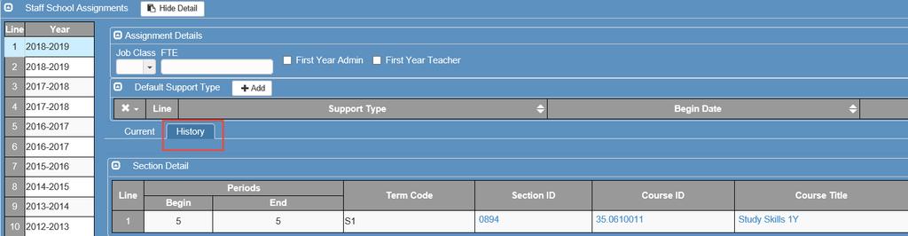 7. Any section, where the teacher has been added, will display as Primary or Secondary in the Type column. a. The Period, Section ID, Course ID, and Course Title display along with the Room Name/Number.