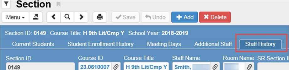 11. Click the Staff History Tab. If necessary, change the Effective Date for the new teacher. The date needs to be the actual first day the teacher began in the class. 12.