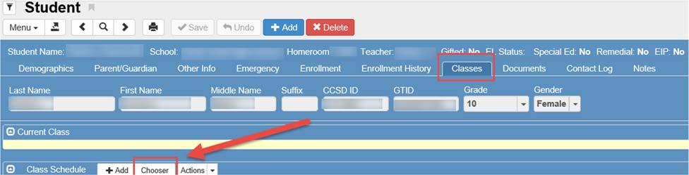 Scheduling a Single Student 1. From the Navigation Menu: Schedule > Student 2. Enter name or CCSD ID to find student. 3. Click on Classes Tab.