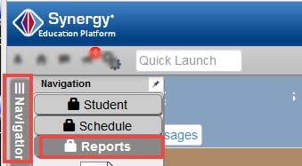 II. Synergy Reports Navigation: Click the Reports sub menu in the Navigation Menu to view the Report icons; or Enter the name or number of the desired report into the Quick Launch
