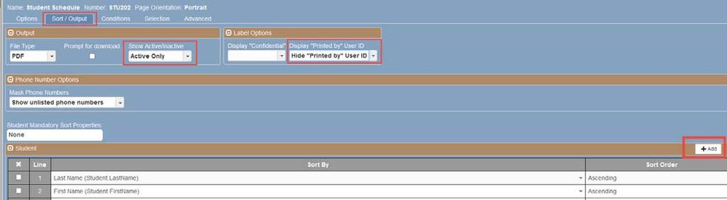 6. Sort/Output Tab: If only active students schedules are needed, select the option for Active Only.