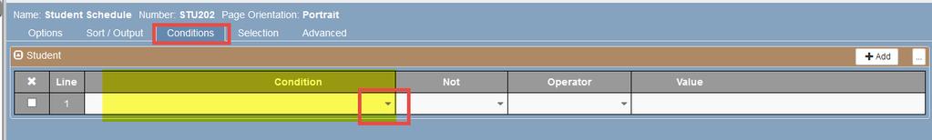 Follow the steps above to set up the Options Tab and the Sort/Output Tab with the desired data. 2. Conditions Tab: Click Add 3.