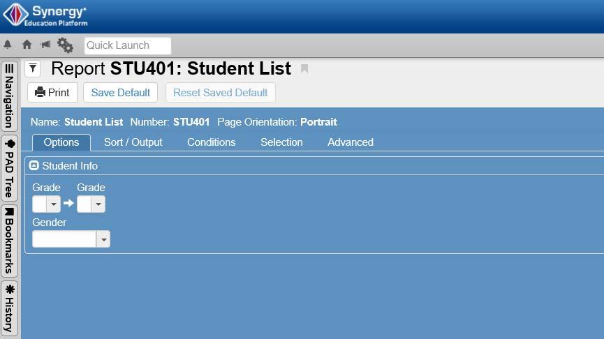 F. STU401 Student List The report is an alphabetical list of all