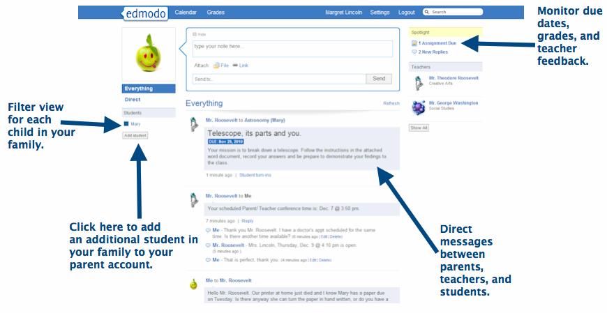 Navigate the Parent Account Homepage: Within the Parent Account home page you can monitor messages between you, your child s teacher and your child, on the middle of the page in the Everything stream.