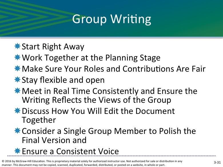 SLIDE 3-31 Creating a strong, precise, and coherent document with many writers is challenging. As you write with teams or other groups, consider applying the following tips: Start right away.