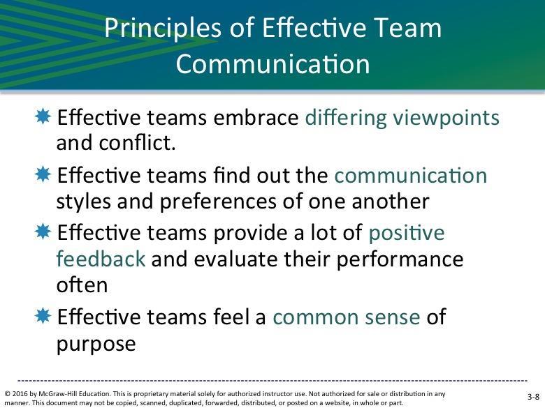 Teams go through four natural stages to reach high performance. Effective teams build a work culture around values, norms, and goals. Effective teams meet often.