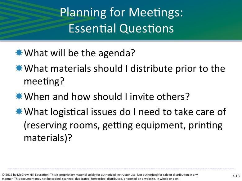 SLIDE 3-18 Some additional questions to ask are: What materials should I distribute prior to the meeting? When and how should I invite others?