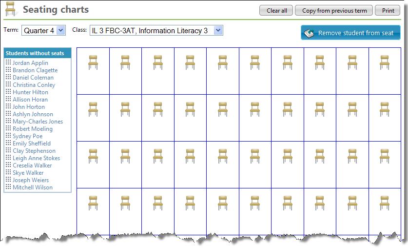 To seat students in the chart, you can either drag and drop the students into a spot or you can click Add student in the chart cell to select the student from a dropdown list.