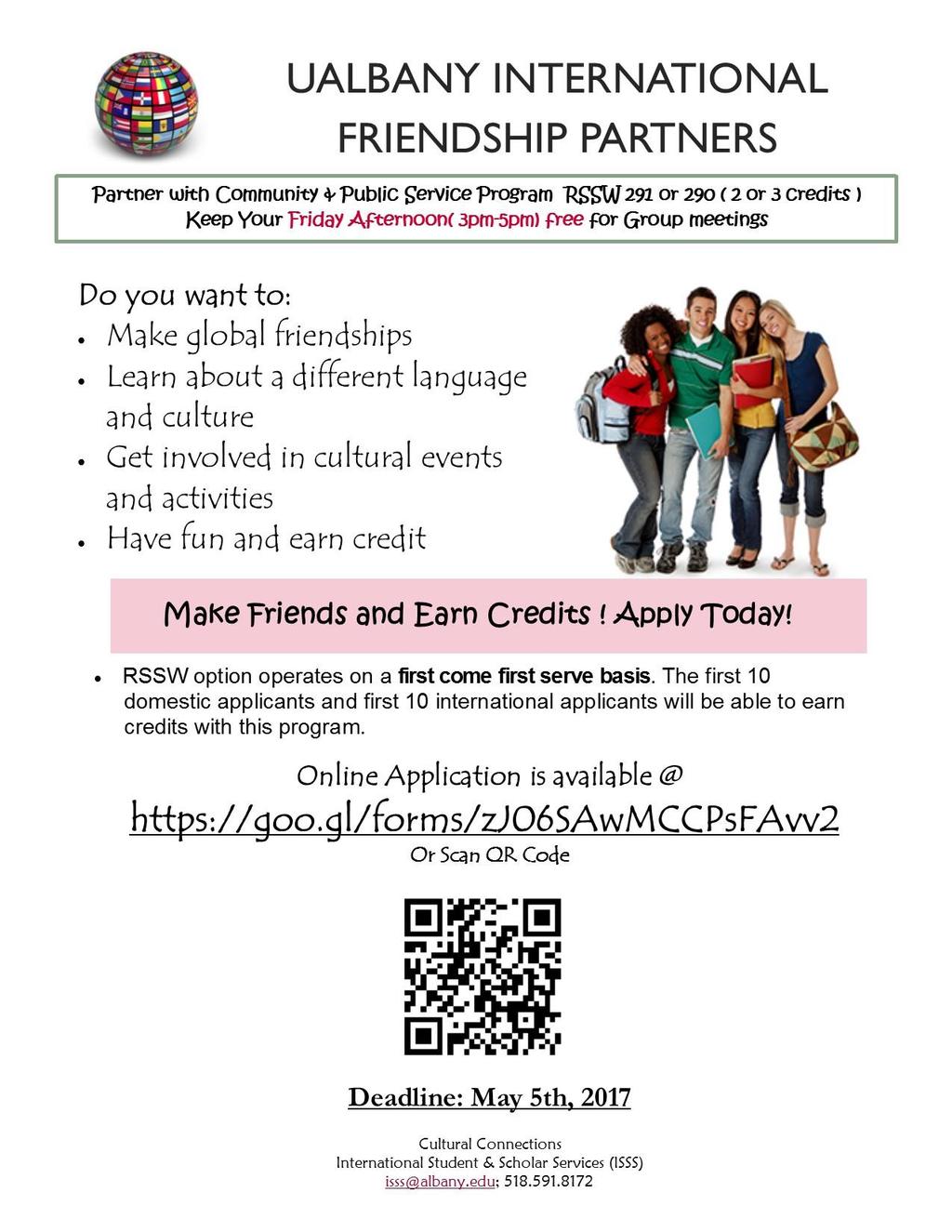 Be an International Friendship Partner next semester! Do you want to be part of the UAlbany multicultural community? Do you want to earn credits while having fun?