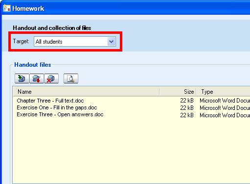 the Target drop-down menu. The icons above the handout files list allow you to add and remove homework files.