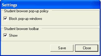 SETTINGS Settings allows you to block pop-up windows and show or hide the toolbar on student browsers.