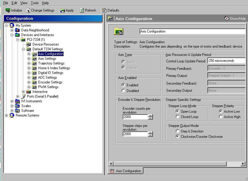 Figure 4.1.1 shows an example of the MAX configuration utilities displaying the PCI- 7334 motion controller hardware that is available in the PC.