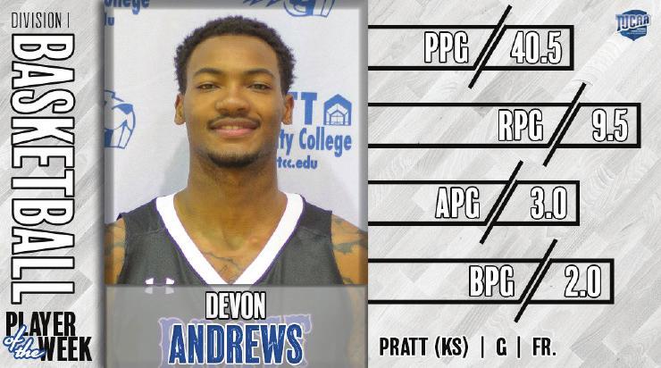 Devon Andrews Selected as KJCCC and NJCAA Player of the Week Devon Andrews helped Pratt Community College men s basketball end 2016 on a very positive note.