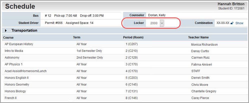 Student Information Viewing Your Locker Information You can view your locker number and your locker s combination. 1. On the navigation bar, click Schedule.