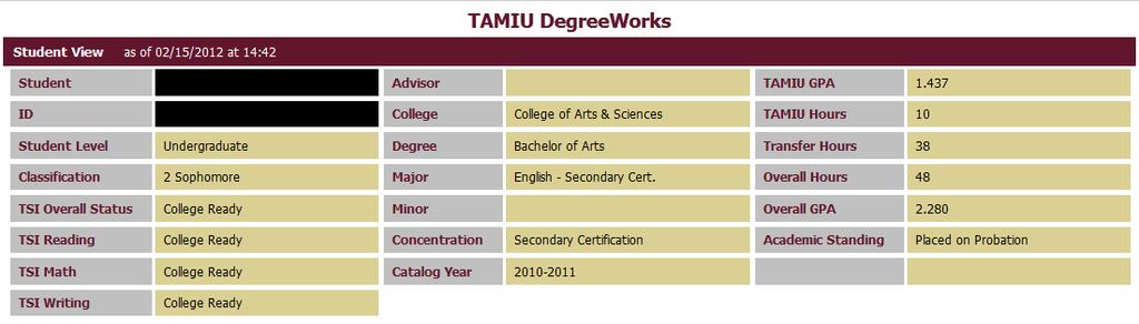 Demographic Block The demographic information of the student that will appear on top of the worksheet comes directly from Banner and shows the following: Student Name, TAMIU ID, Level,