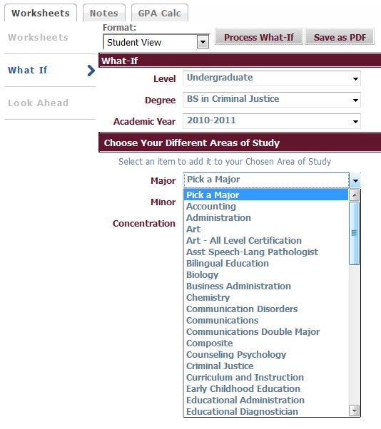 The Registration Checklist format allows students and advisors to see which areas have not yet been completed, in order to assist the student with advising. This view is recommended for printing.