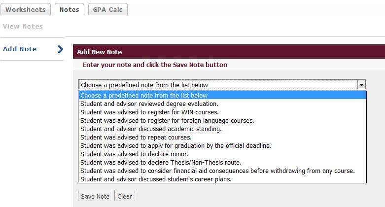 Notes Tab DegreeWorks Manual Academic Advising Under the Notes tab, advisors can View Notes and Add Notes.