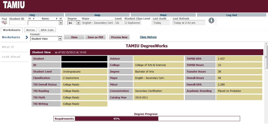 DegreeWorks Audit View DegreeWorks Manual Academic Advising The Worksheets tab is used to obtain student degree audits. After selecting the student you are advising, click on the Worksheets tab.