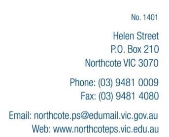 NEWSLETTER No. 29 06 October 2016 If you have information or ads for the newsletter, need to contact the school or want an email forwarded on to a teacher, please email it to northcote.ps@edumail.vic.