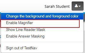 Tools in the User Dropdown Menu Magnifier Tool The Magnifier tool lets students make part of the screen larger.