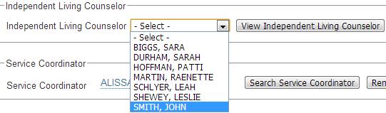 First, you want to look for the Independent Living Counselor Agency in the drop down menu. For John Smith, we want to look for DSNWK.