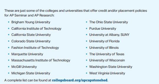 Universities that offer credit &/or placement for AP Seminar & Research