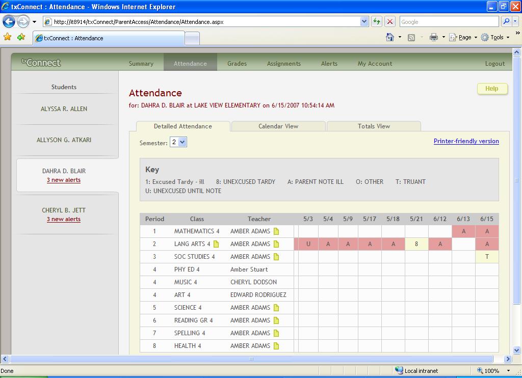 April 2008 tx Connect Training Guide Attendance To display the student s attendance, click Attendance on the menu at the top of the page.