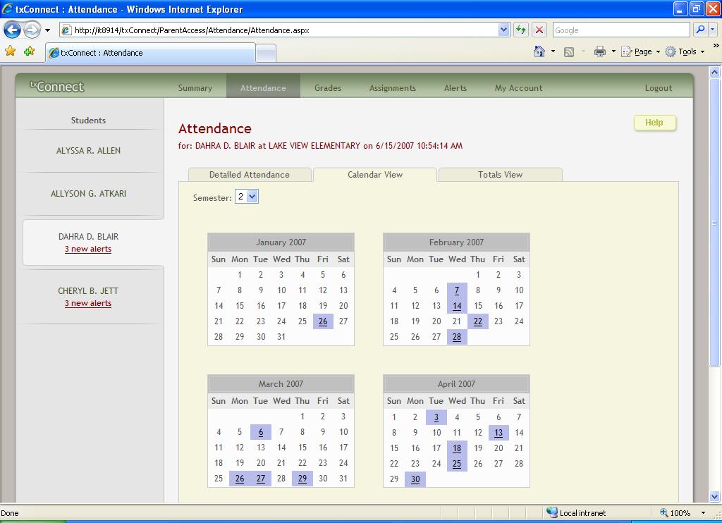 tx Connect Training Guide April 2008 Calendar View 1. Click the Calendar View tab to see the attendance details in a calendar view instead of a table view.