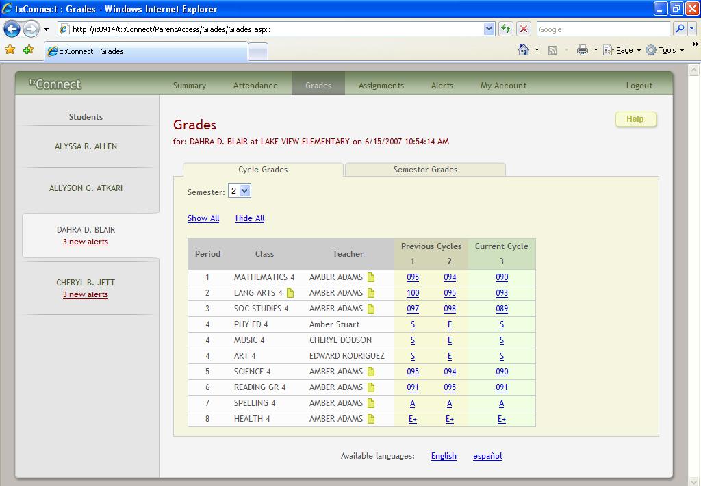 April 2008 tx Connect Training Guide Grades To display the student s grades, click Grades on the menu at the top of the page.
