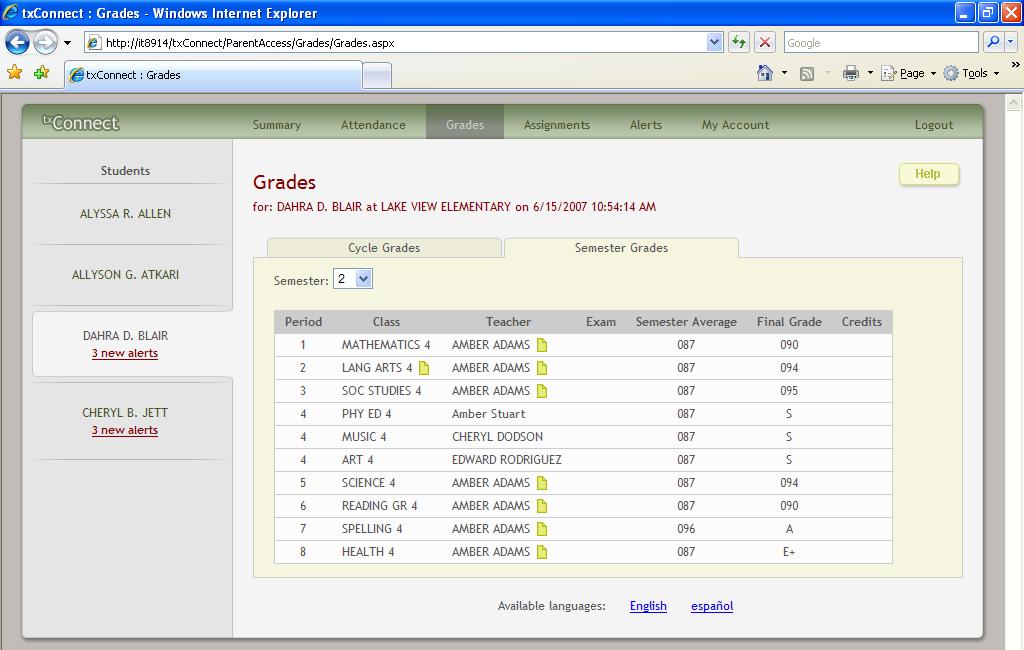tx Connect Training Guide April 2008 How to View Semester and Final Averages From the Grades page, click the Semester Grades tab to see the student's posted semester and final averages.