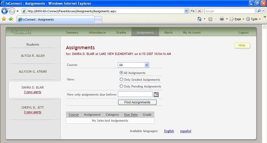 April 2008 tx Connect Training Guide Assignments The Assignments page allows you to view all of the student's assignments for all courses or for a specific course.