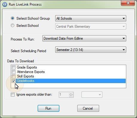 1. Click Actions and then Run Process. 2. Select Download Data from Edline from the drop-down list of processes to run. 3. Select the scheduling period to download. 4.