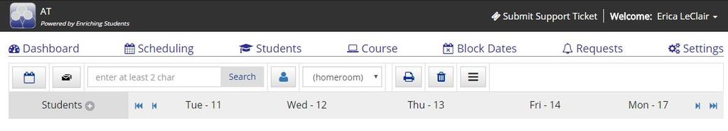 CHS students are pre-booked for HomeBase on Mondays. The scheduling page displays the schedule of your HomeBase students for a 5 day period of time.