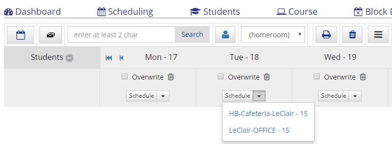 Quick Schedule - The quick schedule feature was designed for a teacher who wants to schedule a student to their own homeroom or teaching class.