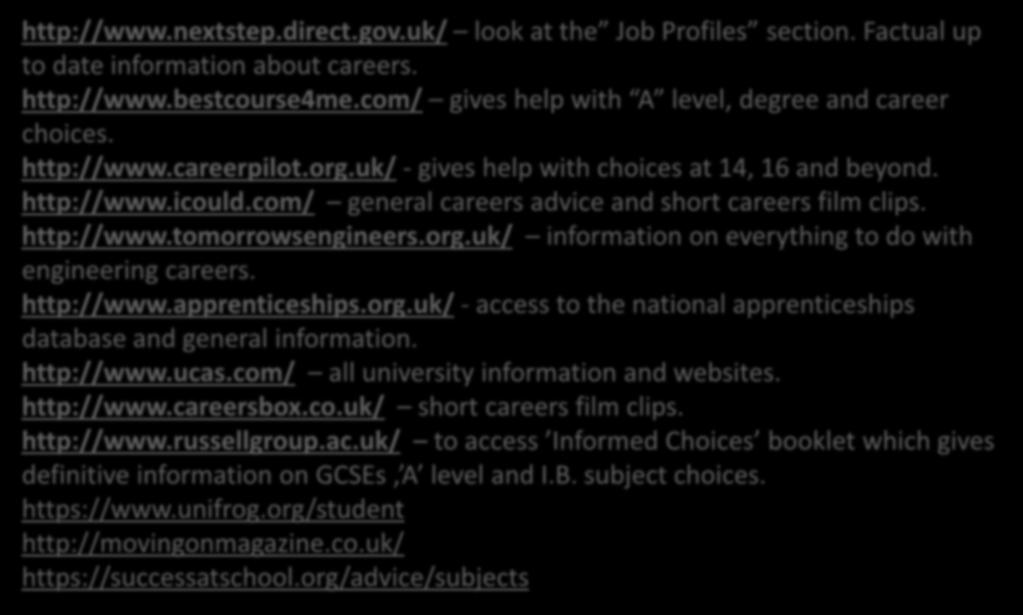 Support & Guidance http://www.nextstep.direct.gov.uk/ look at the Job Profiles section. Factual up to date information about careers. http://www.bestcourse4me.