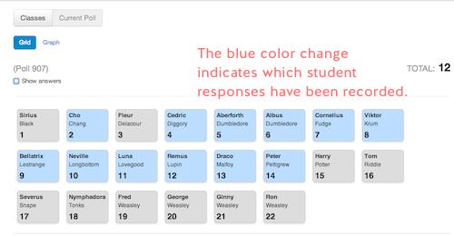 3. In the grid view, students names will change to blue to indicate their response was