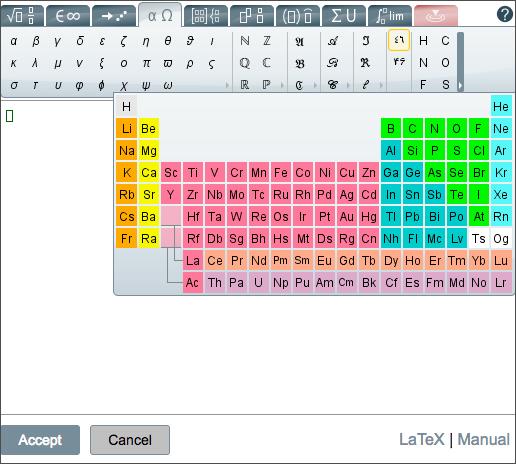 Chemistry notation support Chemistry tools, like an embedded periodic table of elements, are now included in the math editor found in the Content Editor.